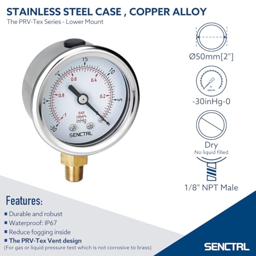 SENCTRL 30inHg Vacuum Pressure Gauge, 1/8" NPT Lower Mount - size: -14.7-0 Psi, style: Lower Mount (1/8" NPT)