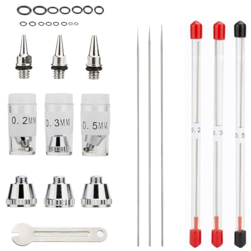 25PCS Airbrush Replacement Parts Kit (0.2mm/0.3mm/0.5mm) - size: 0.2/0.3/0.5MM Needles & Nozzles& Caps+Wrench