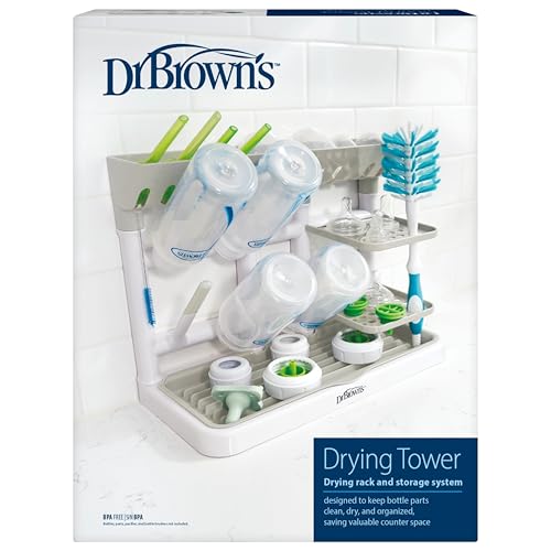 Dr. Brown's Drying Tower, Stand-Up Drying Rack, Countertop Baby Bottle Drying with Organized Storage for Baby Essentials, Space Saving Vertical Rack, Gray/White - size: Countertop, style: Gray/White Stand-Up Drying Rack
