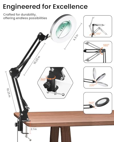UBeesize 10X Magnifying Glass with Ring Light and Clamp for Desk