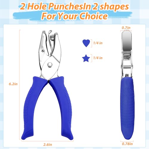 Modacraft 2-Piece 1/4" Hole Punch Set - Heart & Star Shapes, Soft-Grip Design for Scrapbooking, Card Making, Classroom & Office Use (Blue) - size: Heart + Star