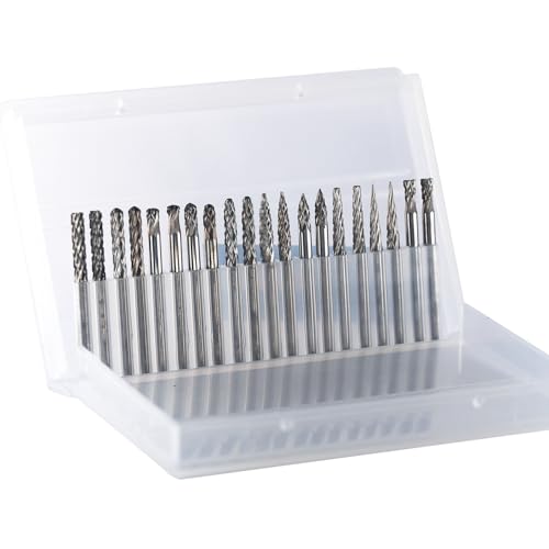 Mini Carbide Burrs Set 1/8’’ Shank Solid Tungsten Carbide Burrs with 1/8’’ Cutting Head Double Cut Rotary File for Die Grinder Rotary Drill Tool 20pcs for Carving Grinding Engraving Polishing Bit