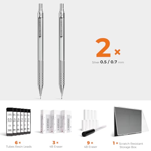 2PCS Metal Mechanical Pencil Set, 0.5mm+0.7mm, Storage Case, Silver - color: Silver (2PCS)