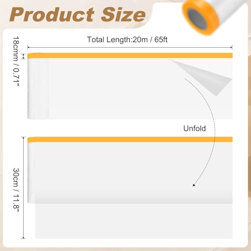 HARFINGTON 2pcs Pre-Taped Masking Film 11.8" x65ft w Plastic Sheeting,Clear - size: 11.8"x65ft