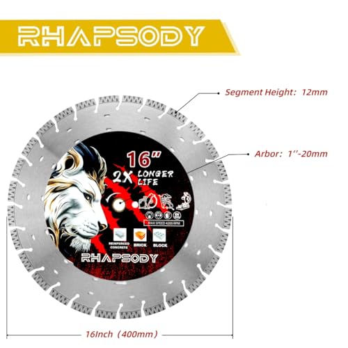 RHAPSODY 16Inch Laser Welded Diamond Saw Blade,V-Segmented General Purpose - size: 16''