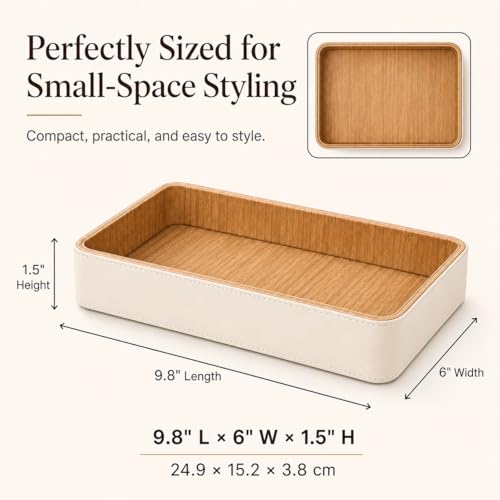 GORESE Rectangle Perfume Tray for Dresser, PU Leather Jewelry Tray for Vanity, Cream White & Wooden - size: 9.8" x 6" x 1.5"
