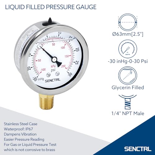 SENCTRL 30 inHg to 30 Psi Vacuum Glycerin Liquid Filled Low Pressure Gauge - size: -15-30 Psi, style: Lower Mount