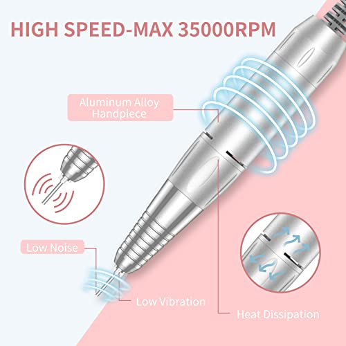 MOCOWIND Portable Nail Drill Professional 35000 RPM, Electric Nail E File - color: Pink