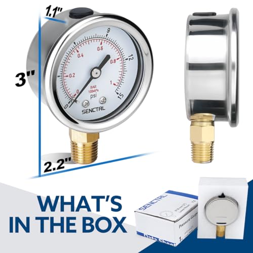 SENCTRL 0-15 Psi Low Pressure Gauge, 1/4 NPT Lower Mount - size: 0-15 Psi, style: Lower Mount
