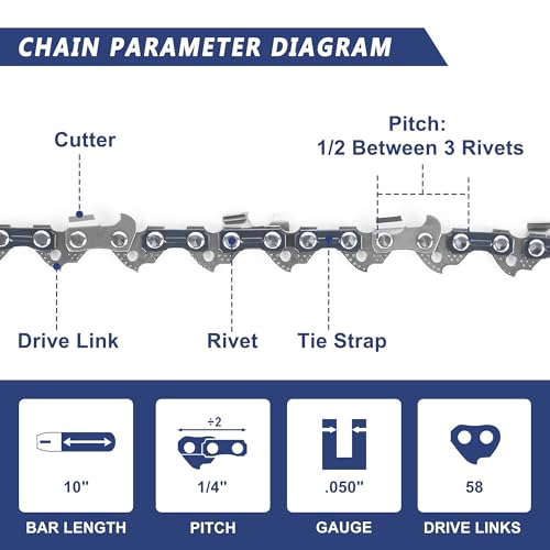 SawWorks 10 Inch Pole Saw Chain 1/4" Pitch .050" Gauge 58 Drive Links - size: 10" 1/4" .050" 58DL-GermanSteel *3Pcs