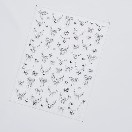 1 Sheet Y2k Silver Bow Stars Heart Nail Art Stickers 5D Embossed Pearl Chains Nail Decals Cute Butterfly Nail Art Sticker Star Bow Nail Stickers for Nail Art Nail Supplies for Women Manicure DIY Decor - color: Silver Pearl Chain Bow
