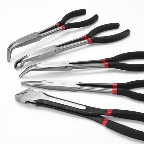 5-Piece 11" Extra Long Needle Nose Pliers Set, Premium CRV Steel - size: 5 Pieces - 11" - Straight/45°/90°/Circle/Diagonal