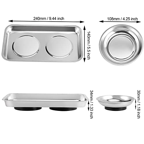 JOIKIT 8 Pieces Magnetic Parts Tray Set, Stainless Steel Magnetic Tool Tray Holder, 4.2 Inches Round Bolt Trays and 9.5 x 5.5 Inches Square Mechanic Trays for Screws, Bolts, Nuts