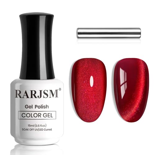 RARJSM Berry Red Glass Glitter Cat Eye Gel Nail Polish with Magnetic Stick - color: Berry Red