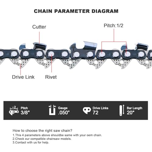 3-Pack 20 Inch Chainsaw Chains 72 Drive Links .050" Gauge 3/8" Pitch - size: 20" 72DL 3/8" .050" ×3 Pack