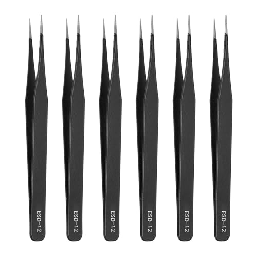 HARFINGTON 6pcs 5.31" Long ESD-12 Anti-static Straight Pointed Tip Tweezers - size: 5.31"（ESD-12)