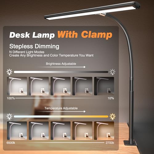 Airlonv LED Desk Lamp with Clamp, 17" Stepless Dimming Light, Black - color: Black, size: Standard