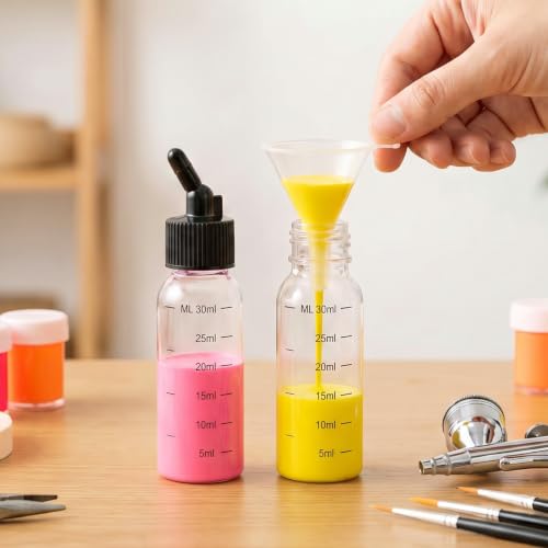20 Set Airbrush Siphon Bottles Jars 1.06 Ounce(30cc) Plastic Paint Containers with Funnel Dual-Action Siphon Suction Feed Airbrush Sets Resealable for Storing Various Paints and Liquid - size: 30cc