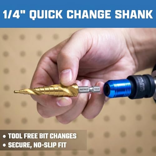 NEIKO 10602A Step Drill Bit, 13 Steps 1/8" to 1/2" Spiral High Speed Steel, Titanium Nitride Coated, 1/4" Quick Change Step Bits for Steel, Metal, Wood, Plastic, Unibit Cone Drill Bits, Two Flute - size: #1 (1/8 - 1/2", 13S), style: Spiral