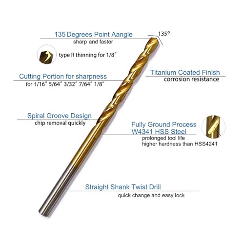 60PCS Mini Titanium Twist Drill Bit Set (3/64"-1/8"), HSS43 Fully Ground Micro Drill Bits for Wood, Metal,Plastic, Aluminum Alloy,Steels - style: 3/64"-1/8" (60pcs)