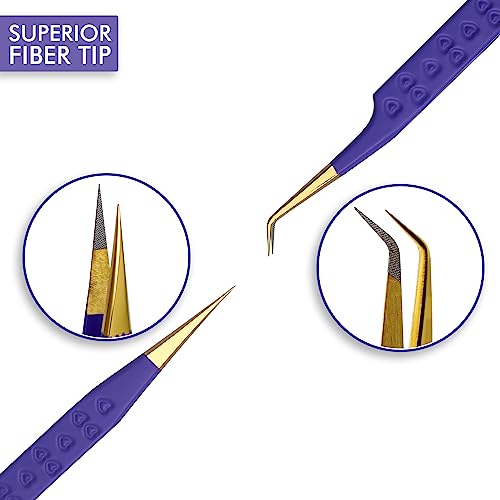 Precision Eyelash Extension Tweezers, Straight And 45-Degree, with Fiber Tip, Volume & Isolation Tweezers, Japanese Stainless Steel, Unique Heart Design (Purple Color) - color: Purple