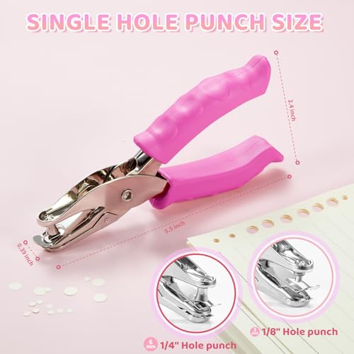 2 Pcs Single Hole Punch, 1/4" and 1/8" Hole Puncher with Pink Soft Grip