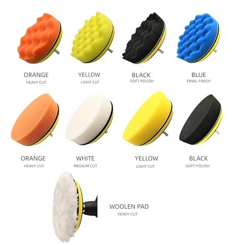 10Pcs 3Inch Face Backing Plate Compound Buffing Polishing Sponge Pads Waffle Foam Buffing Polishing Pads Kit with Woolen Cutting Pad and 3Inch Backing Plate M10 Drill Adapter - size: 3inch 10Pcs