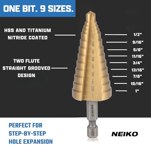 NEIKO 10624A Step Drill Bit, 9 Steps 1/2" to 1" Straight High Speed Steel, Titanium Nitride Coated, 1/4" Quick Change Step Bits for Steel, Metal, Wood, Plastic, Unibit Cone Drill Bits, Two Flute - size: #8 (1/2 - 1", 9S), style: Straight