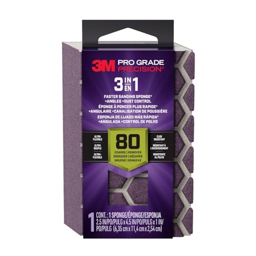 3M Pro Grade Precision 3-in-1 Sanding Sponge, 80 Grit Coarse, for Woodworking, Drywall Prep, and Refinishing, 2.5 in x 4.5 in x 1 in - size: 2.5 in x 4.5 in x 1 in - 1 Sponge, style: 80 Grit Coarse