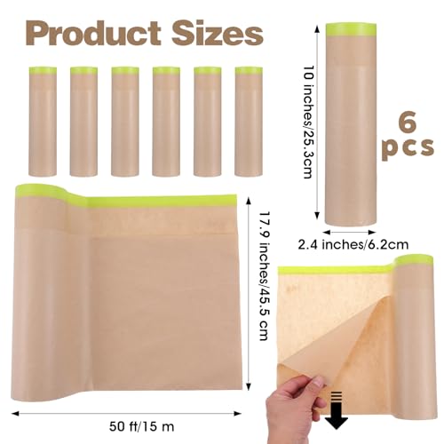6 Rolls Pre-Taped Masking Paper 18 inch x 50 feet Tape and Drape