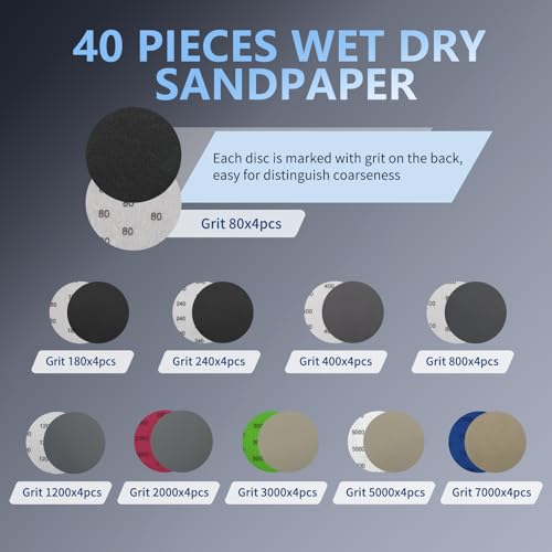 VIBRATITE 40PCS 3 Inch Wet Dry Sanding Discs, 80-7000 Grit - size: 3 Inch