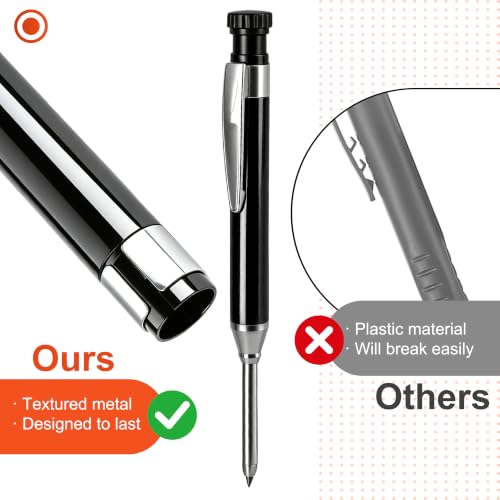 YEVEETTE 2.8mm Carpenter Pencils with 7 Refills, Built-in Sharpener Long Nib Deep Hole Construction Pencil, Metal Drafting Pencil Set for Carpenter Scriber Woodworking Architect (Black)