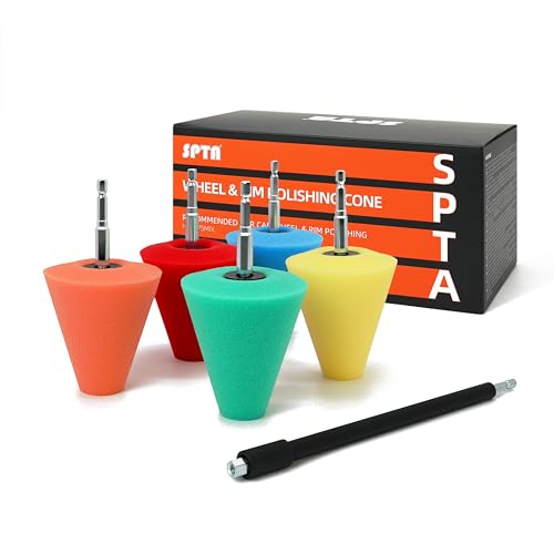 Polishing Cone, SPTA Car Wheel Hub Drill Buffing Sponge Pads Kit, Polishing Ball, 5 Pack Car Buffers and Polishers Kit, Attaches to Standard Household Drill