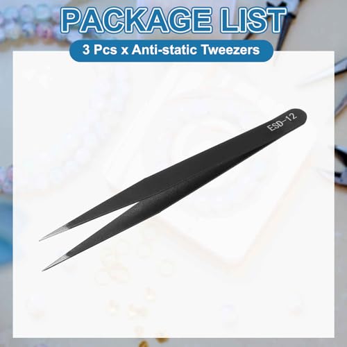 HARFINGTON 3pcs 4.7" Long ESD-12 Anti-static Straight Pointed Tip Tweezers - size: 4.7"（ESD-12)