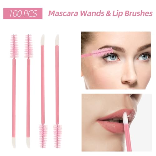 200 Pcs Spoolies Set - 100 Mascara Wands and Lip Brushes Double-headed, 100 Micro Swabs Applicator Disposable Eyelash Brushes Lipstick Tester Makeup Applicator Tool Pink - color: Pink