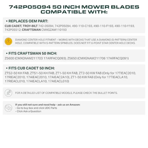 UDC Parts 742P05094 Cub Cadet 50 Inch Mower Blades Replacement, ZT1 ZT2 50 - size: 17 9⁄32 - Diamond (S-pattern) Center Hole