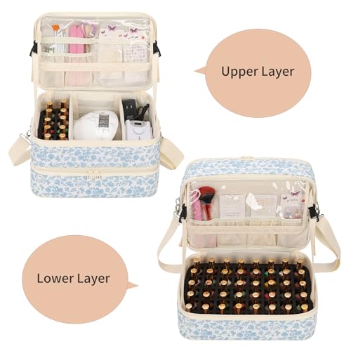 Nail Polish Organizer Bag Holds 50+ Bottles (15ml/0.5 fl.oz) &UV Nail Lamp - color: 01-Blue Flower, size: 50 Bottles