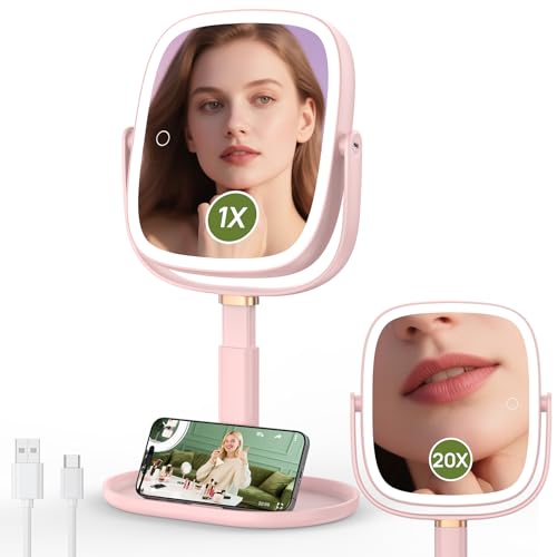 Height Adjustable Lighted Makeup Mirror with Lights and Magnification 20X - color: Pink