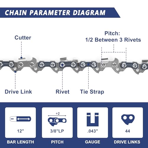 SawWorks 12 Inch Pole Saw Chain 3/8" LP Pitch .043" Gauge 44 Drive Links - size: 12" 3/8"LP .043" 44DL-GermanSteel *3Pcs