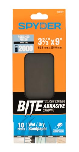 Spyder 10-Sheets Silicon Carbide 2000 Grit Sandpaper, 9 x 3-2/3 Inch, Wet Dry Abrasive for Metal, Plastic, Automotive, Stone, and More (500027) - style: 2000 Grit