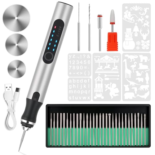 Electric Engraving Pen with 37 Bits for Wood Glass Stone Carving (Silver) - color: Silver