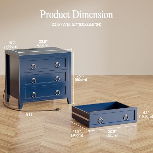 Huuger Paint Night Stand with Charger Station, 3 Drawer Nightstand Set of 2 - color: Blue