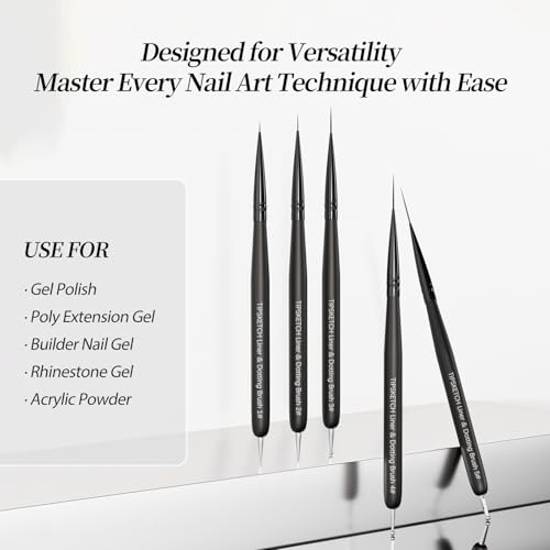 Nail Art Liner Brushes 5Pcs with Caps & Bag Thin Liner & Dotting Pen Set