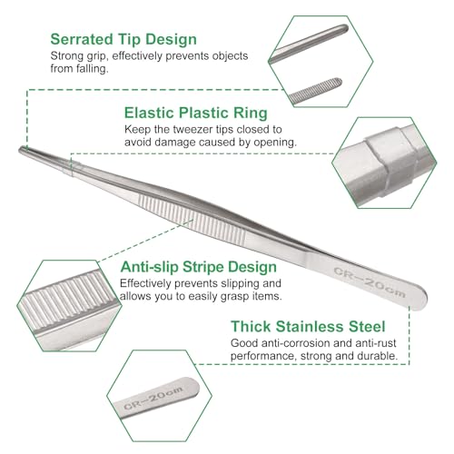 HARFINGTON Long Tweezers 7.9" Stainless Steel Multi-Purpose Tongs Silver - size: 7.9 x 0.5 x 0.07 inch