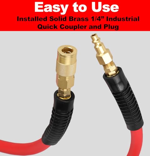 Keepro Hybrid Air Hose, Flexible 1/4 Inch ID By 10 Feet Long Lead-in Short Air Compressor Hose with Swivel Solid Brass 1/4" Industrial Quick Coupler and Plug, 300 PSI Maximum Pressure, Red - size: 10 FT