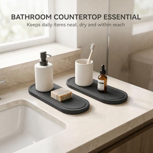 Razborci 2PCS Water Absorbing Stone Drying Tray Mat for Bathroom Sink & Kitchen Counter Faucet Organizer Decor, Quick Dry Dish Soap Dispenser Sponge Holder, Vanity Caddy Coaster,Dark Gray -10"*3.8" - color: 2 Pack - Dark Gray, size: 10" x 3.8"