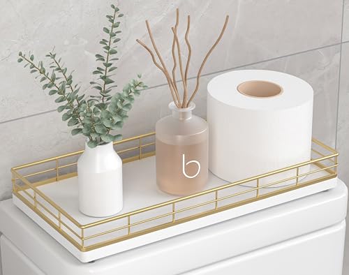 Toilet Paper Basket Organizer, Oak Wood Toilet Tank Tray with Metal Frame - color: Gold & White, size: 13" x 6.5" x 2"