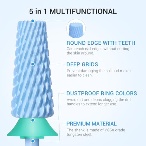 MelodySusie Professional 5 in 1 Nail Drill Bits, 3/32'' Carbide Tungsten Multi-function Bits, Suitable for Manicure Pedicure Cuticle Gel Polishing, Technicians Bits, Light Blue, Series Bit-M, C - color: Light Blue, size: Coarse-C
