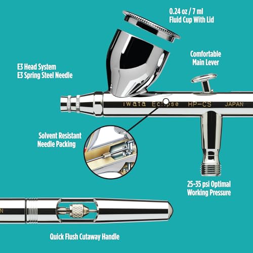 Iwata Eclipse HP-CS Airbrush - Gravity Feed Dual Action, High-Flow Atomization for Fine Detail to Wide Coverage – E3 Nozzle, 0.24 oz Cup – Ideal for Artists, Model Painting, Cosplay & More