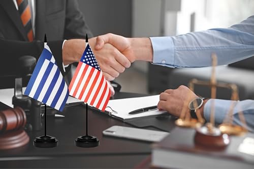USA American & Greece Greek Desk Flags, US Greece Office Table Flag, Small Mini Miniature Greek and US Desktop Flag With 13" Solid Black Pole, Black Base - color: Greece